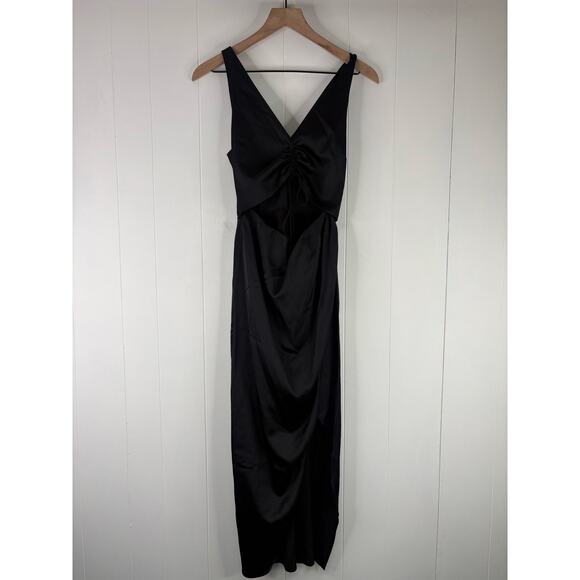 Abercrombie & Fitch Black Satin Ruched Cutout Midi Dress Size XS Tall - Picture 2 of 8